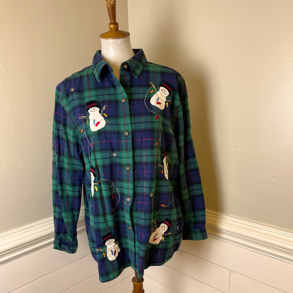 Victoria Jones Woman Cotton Plaid Christmas Snowman Shirt 1X FREE SHIP